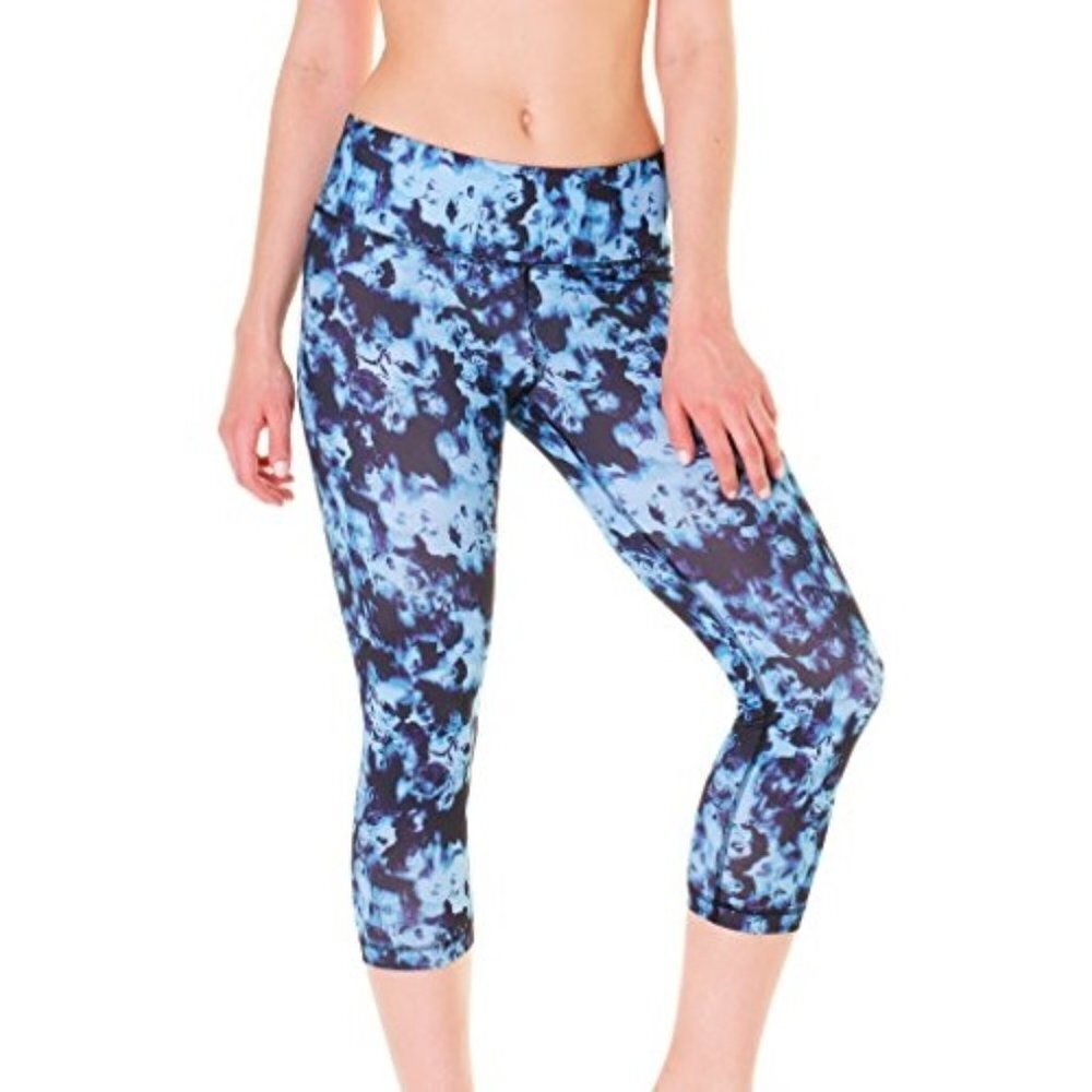 Rose Bouquet Black Blue‎ Yoga Capri Leggings Workout Performance Activewear